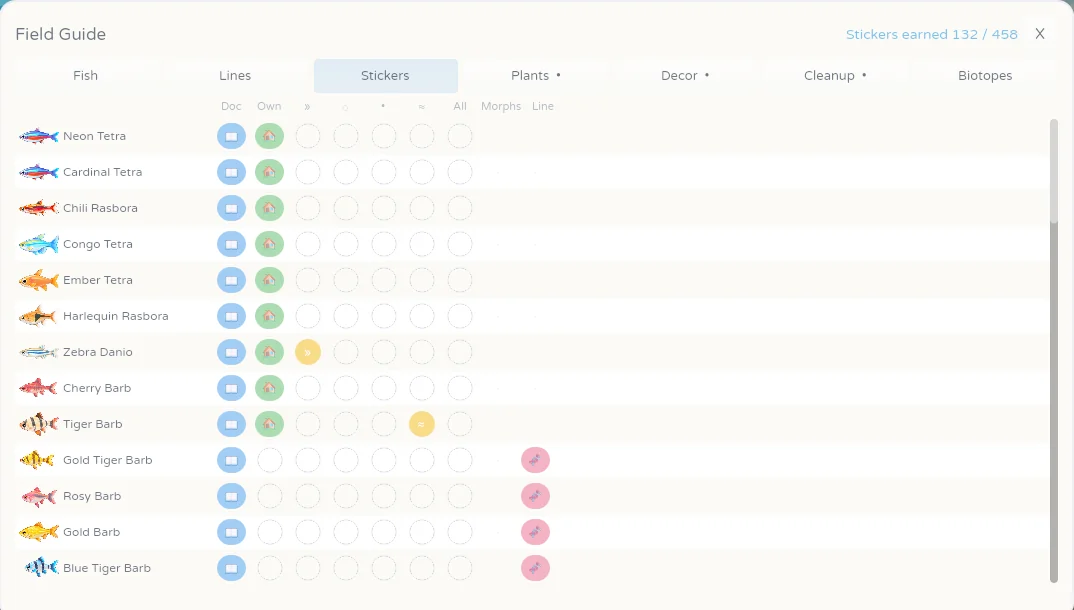 The Stickers tab: rows of fish, each with a line of earned and empty sticker slots