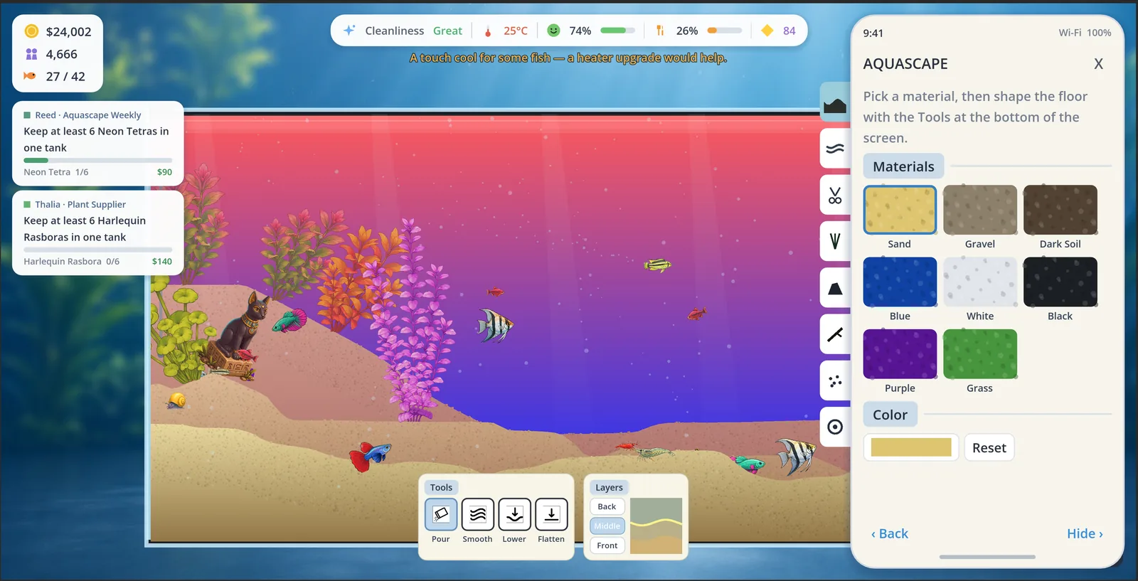 The rebuilt menu, the floating tool bar, and that purple "night" water all at once.