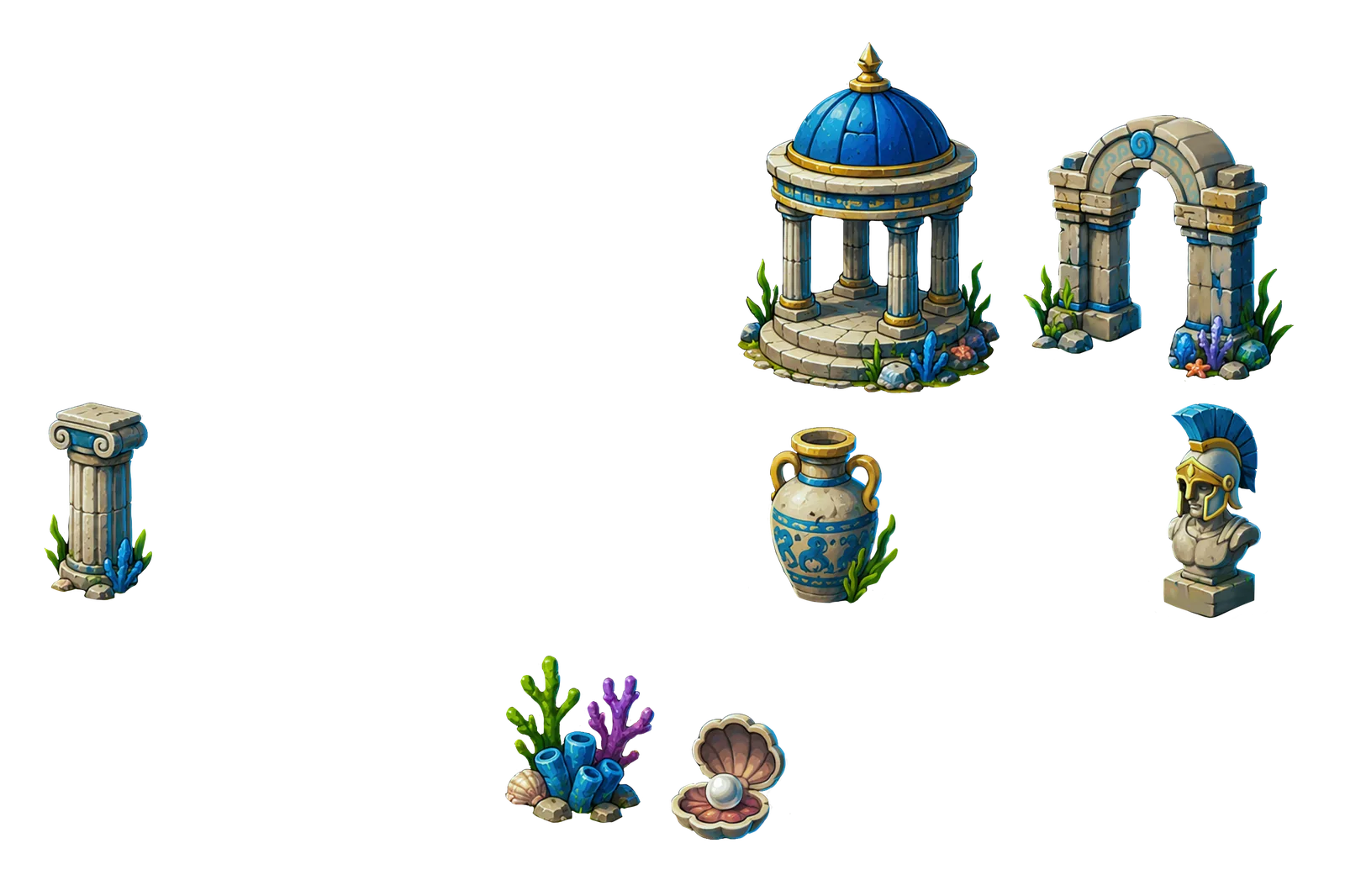 The rest of the set: rotunda, archway, column, amphora, Spartan bust, coral, and a pearl clam.