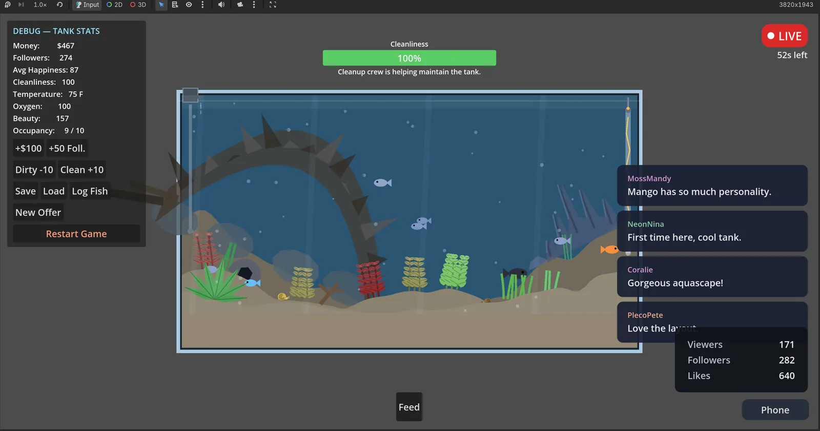 Livestream v2: the tank stays visible, UI moves to the edges.