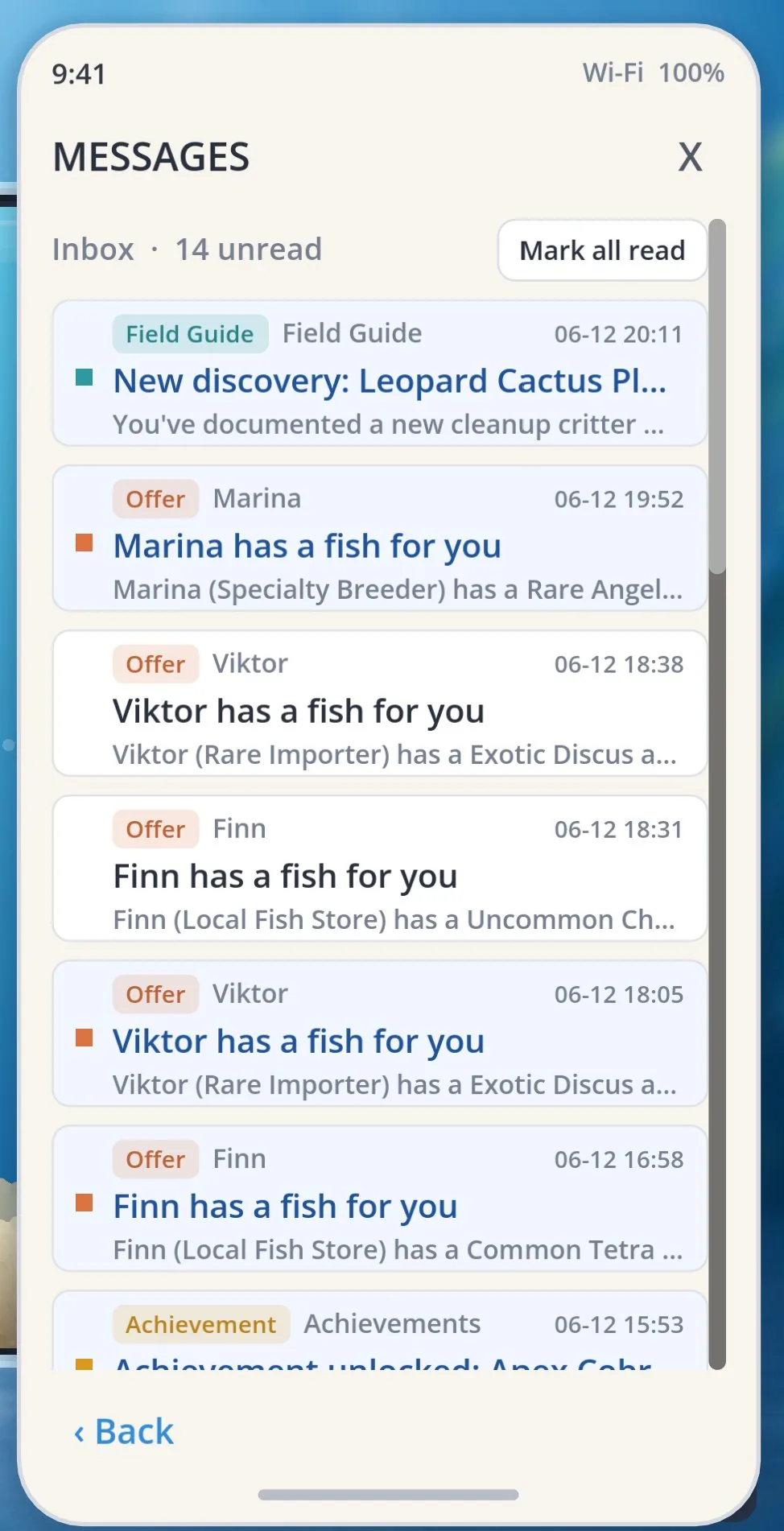 The inbox: vendors with fish for you, new discoveries, achievements.