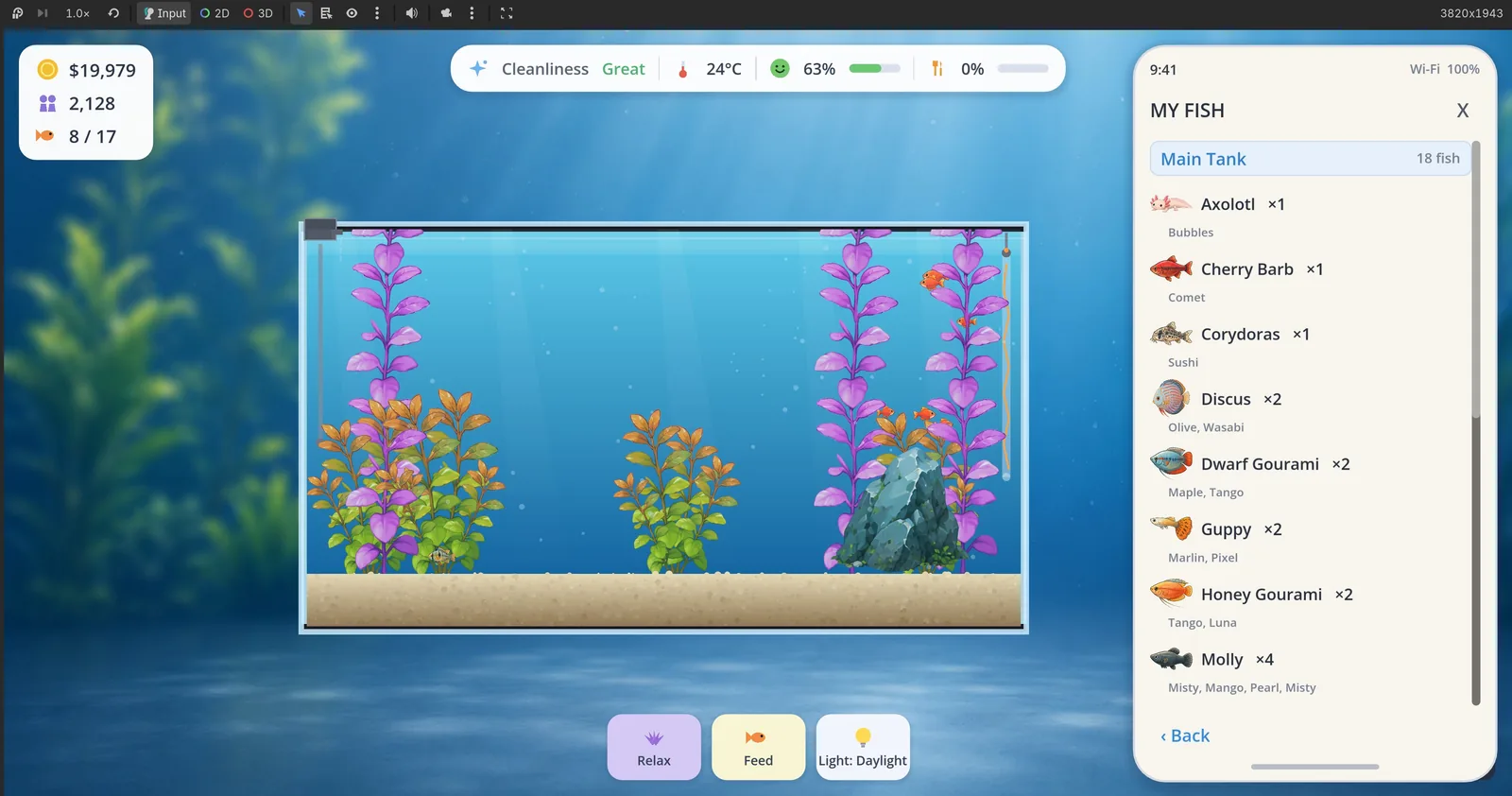 My Fish: the whole collection, grouped by tank and species, each with their names.