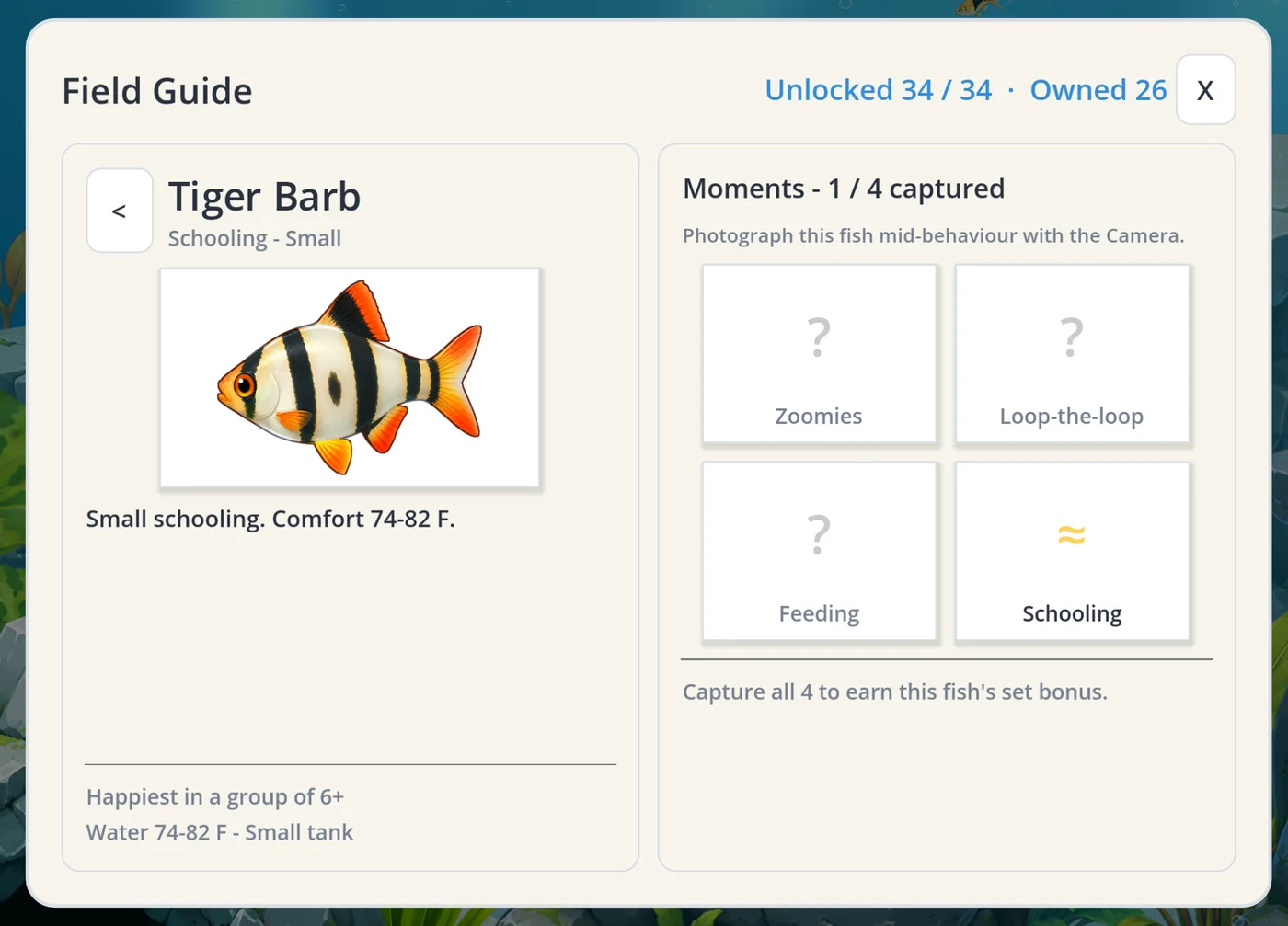 Each species now has four moments to hunt down. Three empty slots and a captured one — that gap is the whole hook.