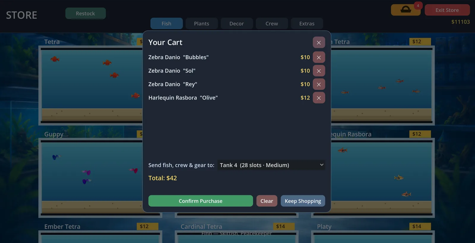 The cart: review your haul, see the damage, choose a destination tank.
