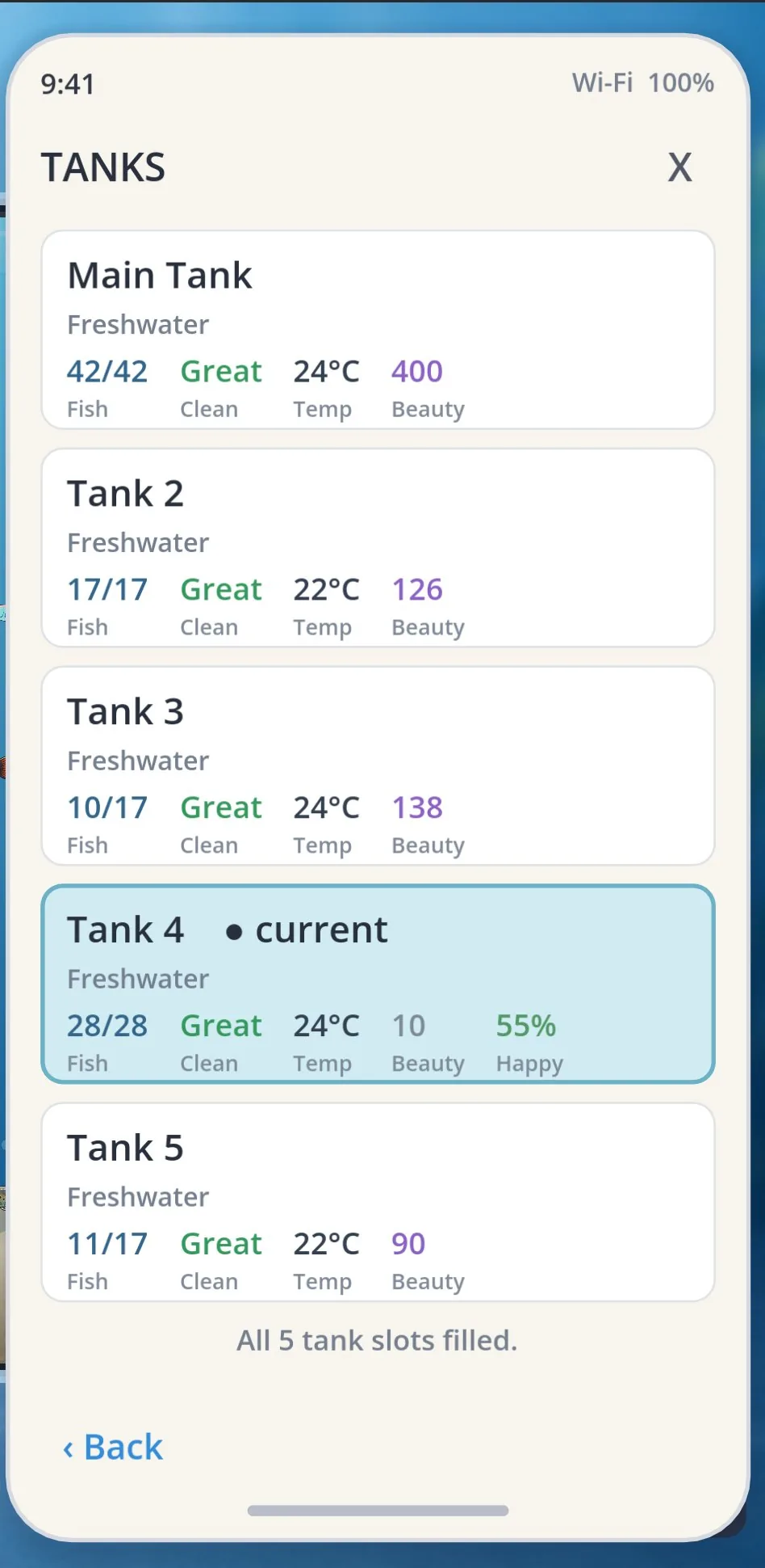 Every tank now reports its own health — cleanliness, temperature, beauty, and how happy everyone is.